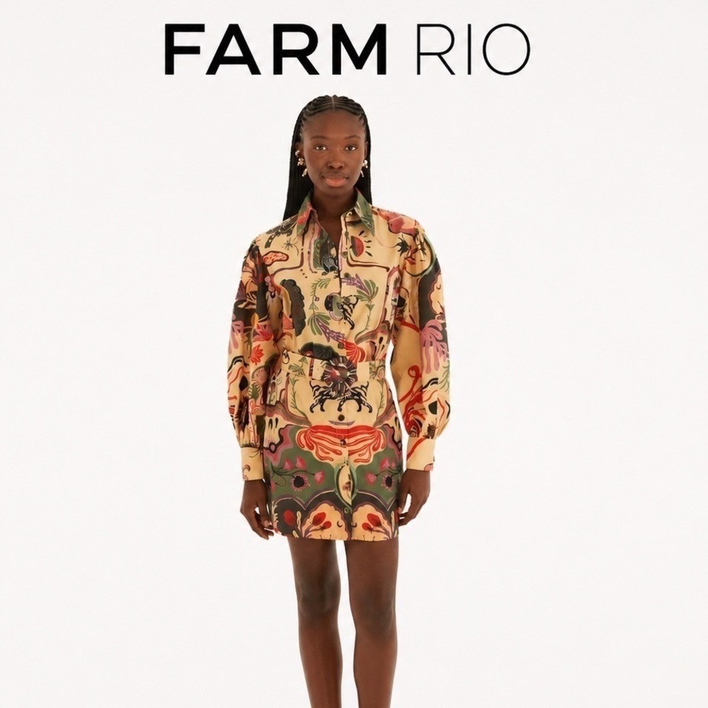 FARM RIO Beige Artsy Surreal Land Mini Dress Medium